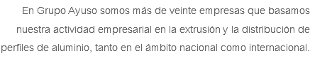 En Grupo Ayuso somos más de veinte empresas que basamos nuestra actividad empresarial en la extrusión y la distribución de perfiles de aluminio, tanto en el ámbito nacional como internacional.